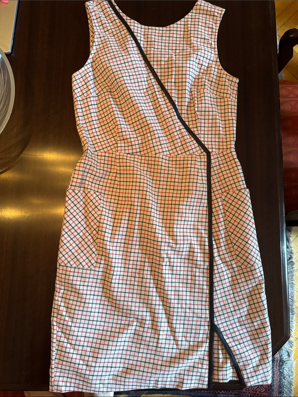Band of Outsiders Sleeveless White Windowpane Sheath Dress with Black Trim